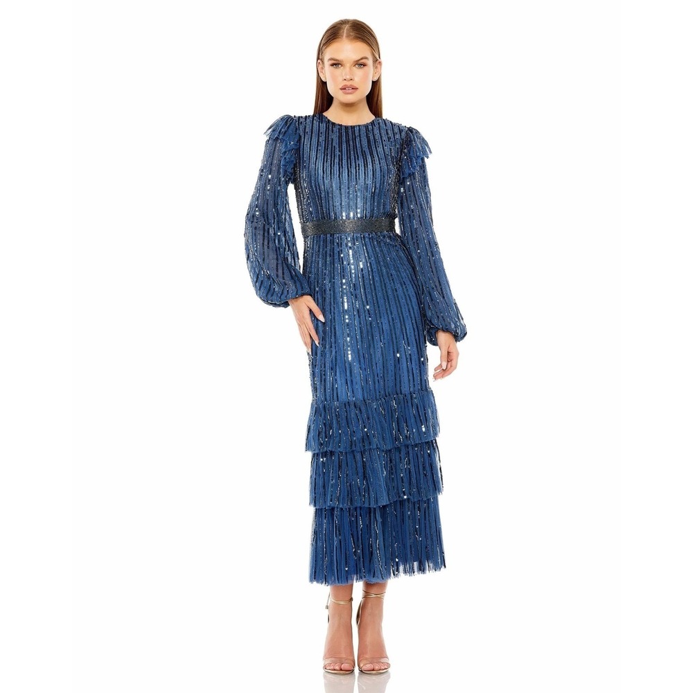 Mac Duggal 23003 Midnight Blue Sequined Tiered Midi Dress Long Sleeve Sz 16 $698